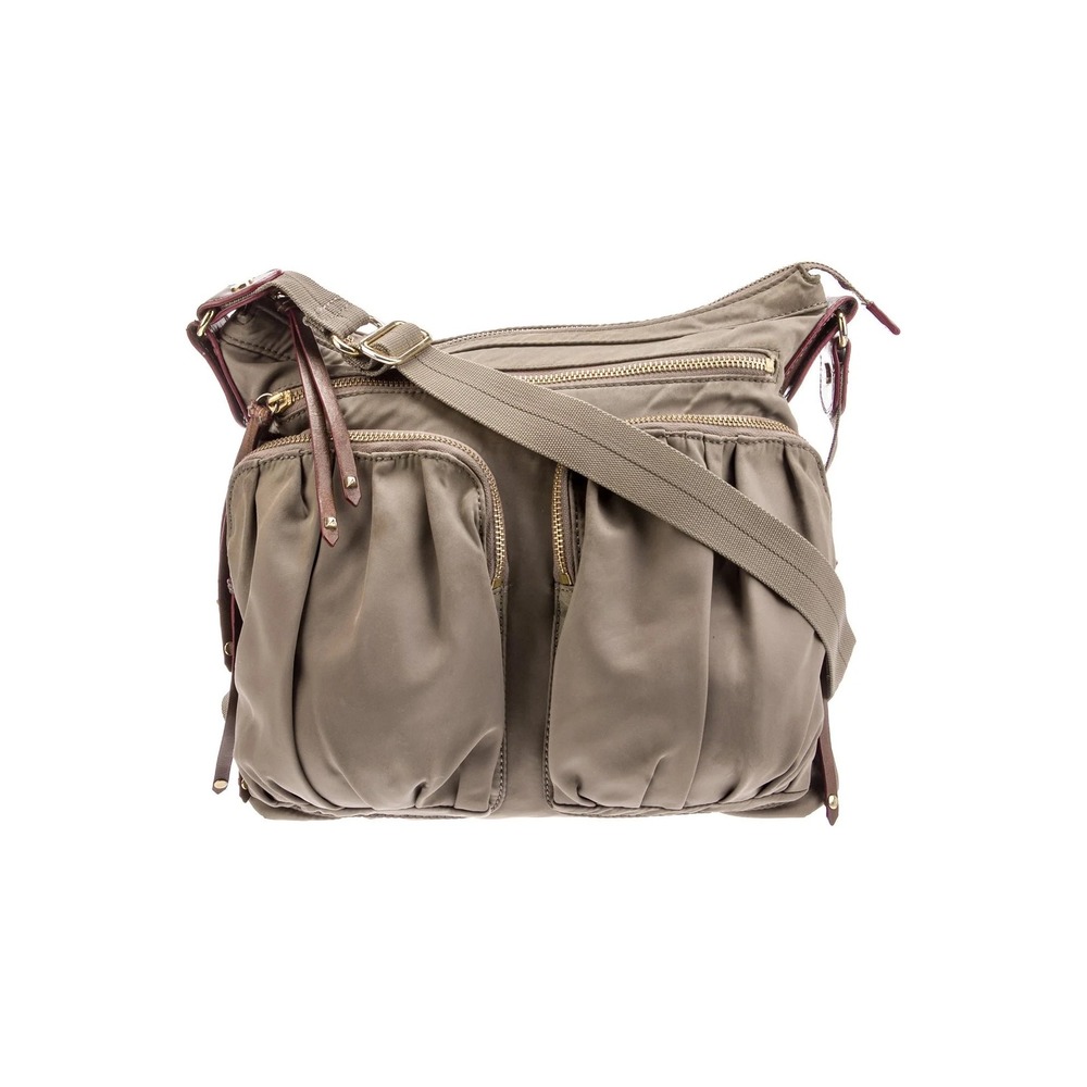 MZ Wallace Nylon Crossbody Bag Khaki Taupe Leather Trim Multi Pocket Utility